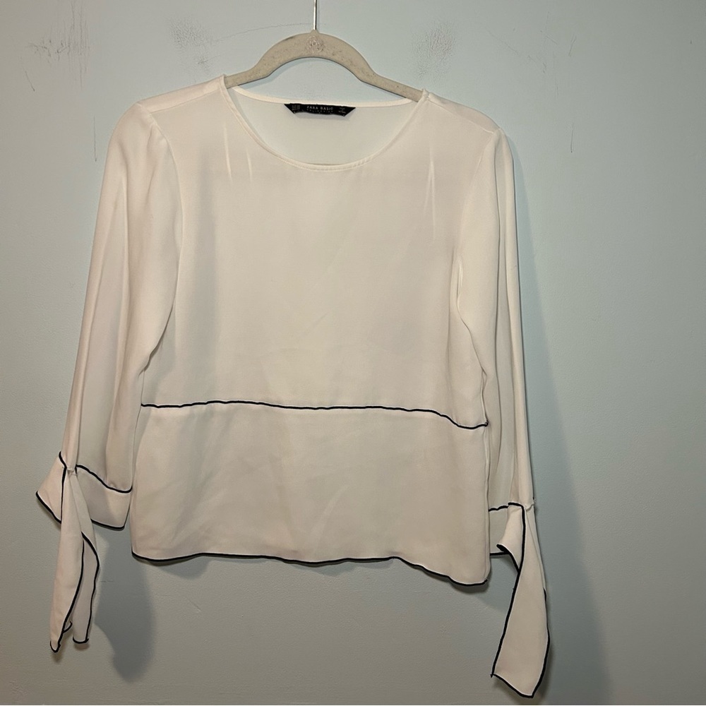 Zara Basic White & Black Stripe Tie Sleeve Tunic Blouse Size XS